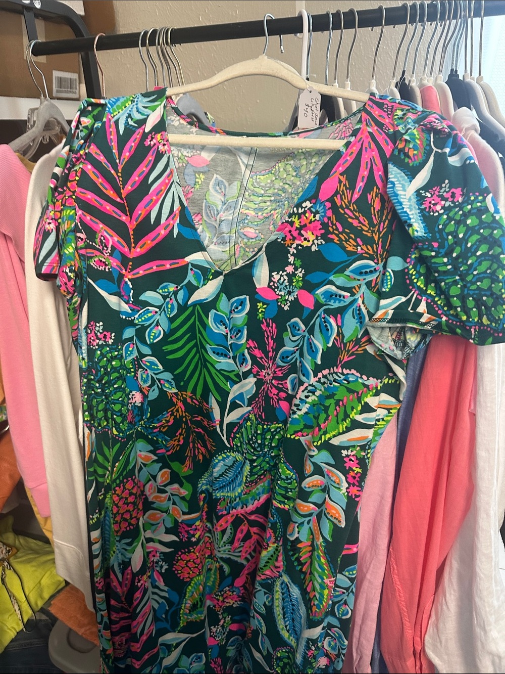 Lilly Pulitzer V-Neck Tropical Leaf Print Dress - Green, Pink, Blue